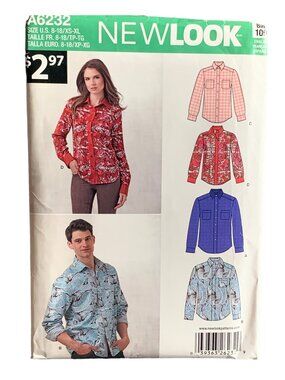 New Look A6232 Women Men Sewing Pattern Button-Up Shirts Size 6-8 10-12-14-16-18